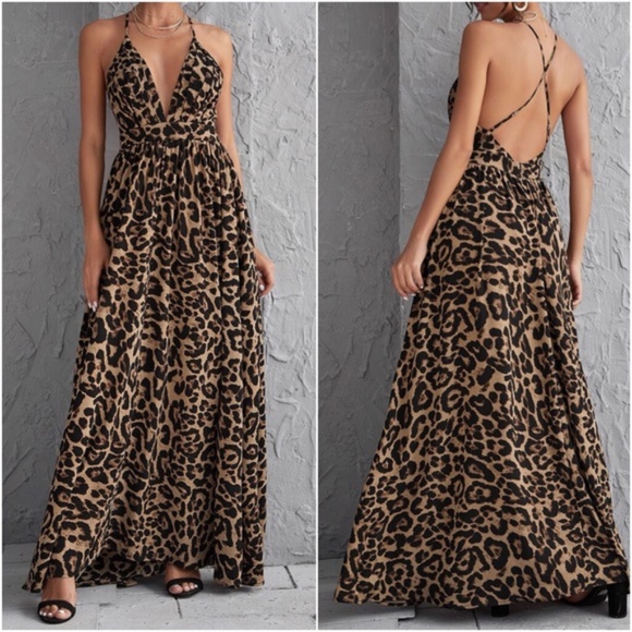 BellanBlue Dresses & Skirts - Boho Leopard Print Camel Criss Cross Maxi Dress Party